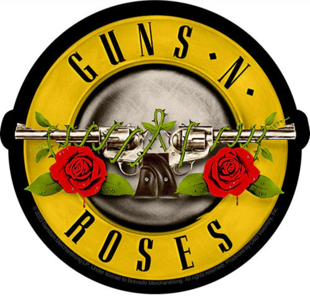 Round Guns N' Roses band sticker, yellow with black border, red roses and safety-pin design