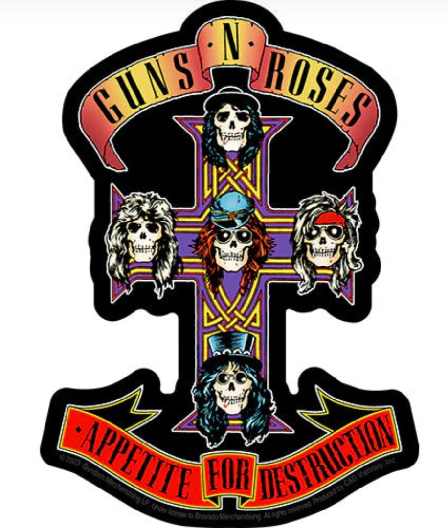 Band sticker featuring a black cross with Guns N' Roses text and five skulls, colorful outline