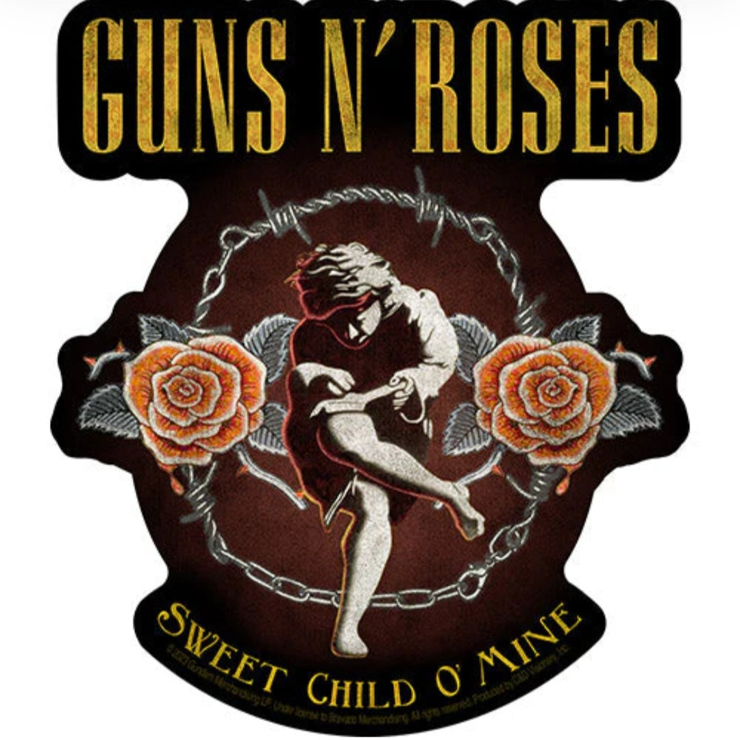 Guns N' Roses band sticker: roses, guitarist silhouette, and 'Sweet Child O' Mine' text.