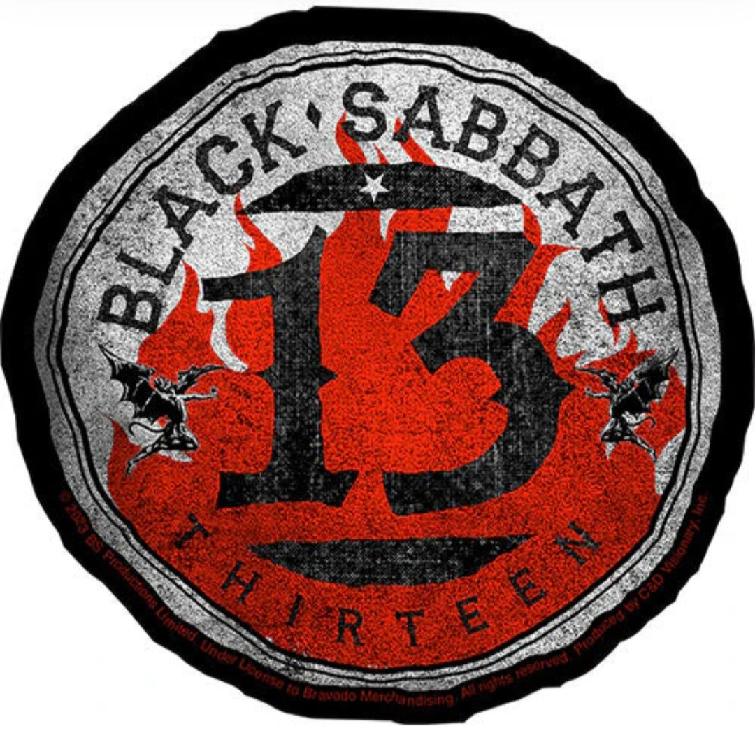 Circular band sticker with Black Sabbath text, grey background and red 13-style graphic