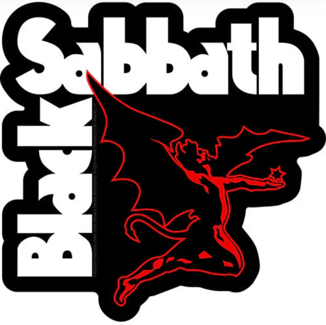 Black band sticker with bold block lettering and red devil silhouette graphic