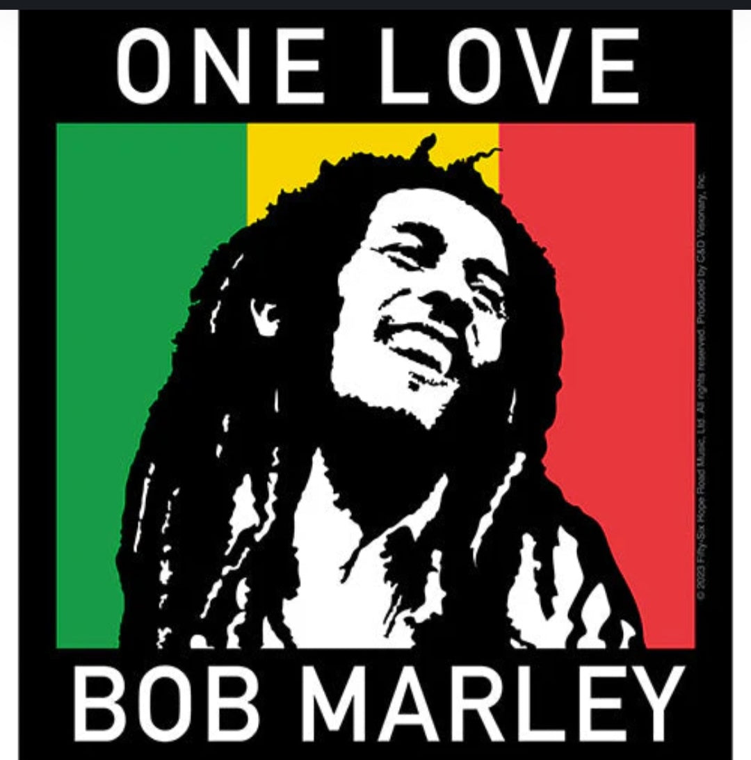 Bob Marley sticker with ONE LOVE and portrait, green/red/white