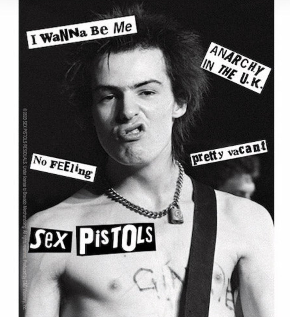 Rock band sticker with portrait and slogans: I Wanna Be Me, Anarchy in the U.K., Pretty Vacant