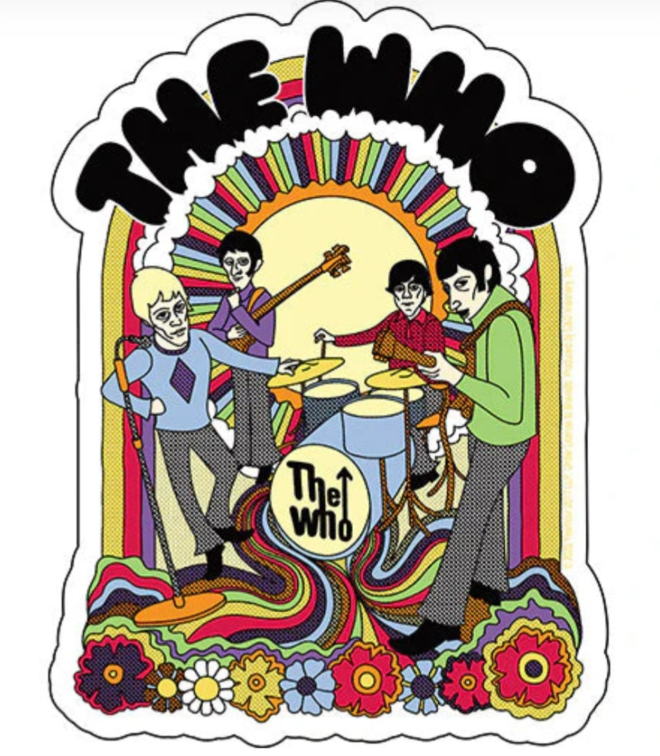 Colorful The Who band sticker with four musicians and rainbow arch, flowers at bottom