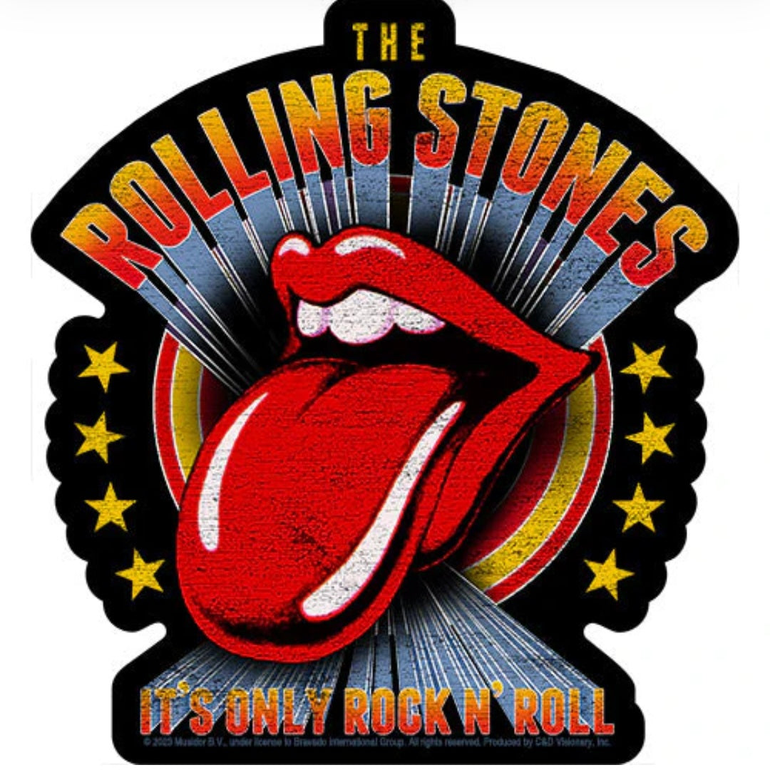 Rolling Stones band sticker: tongue graphic, stars, fanburst, 'It's Only Rock N' Roll'