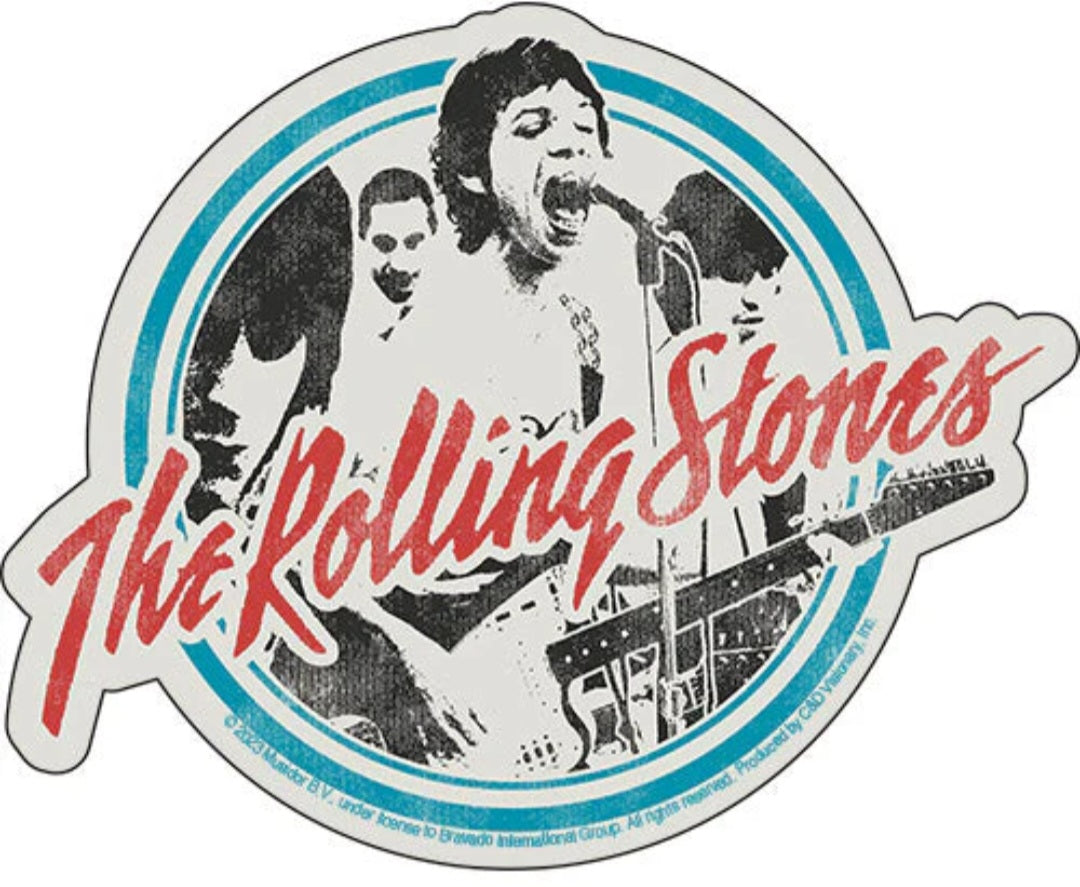 Rock band sticker with three musicians, blue circle border and red lettering