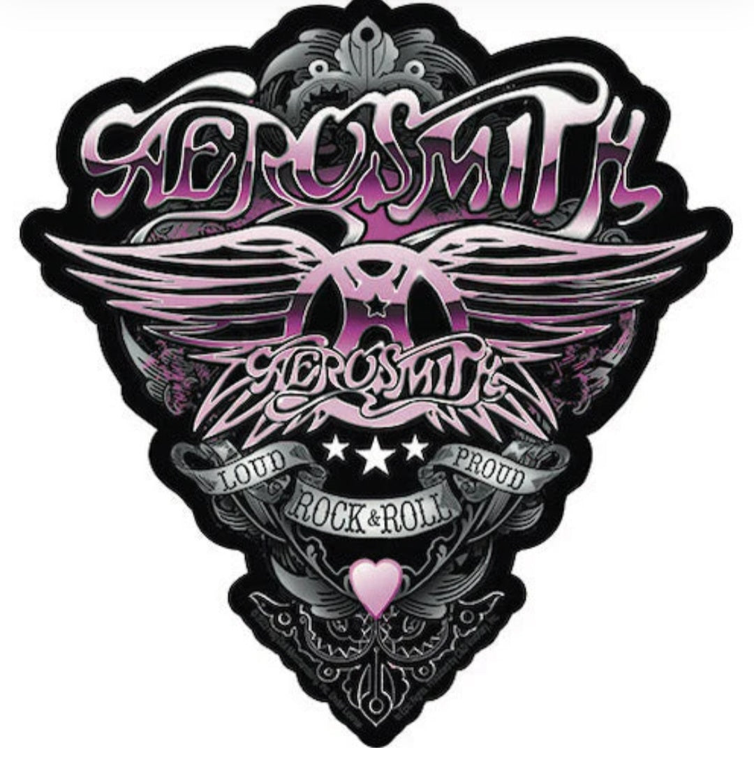 Aerosmith-style band logo sticker with wings, heart, and purple lettering on black