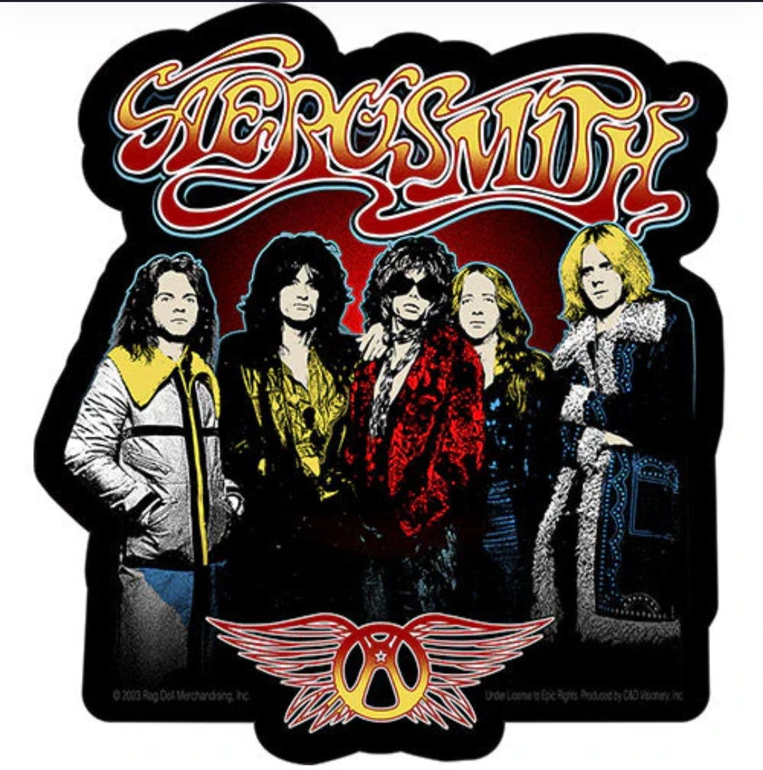 Rock band sticker with Aerosmith logo, five members, and red winged emblem on black background