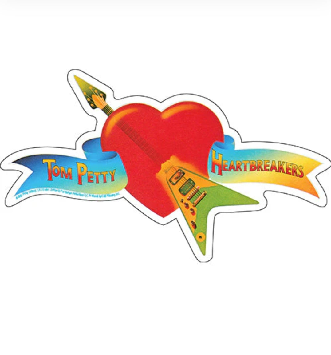 Music sticker with red heart and guitars, Tom Petty and Heartbreakers text