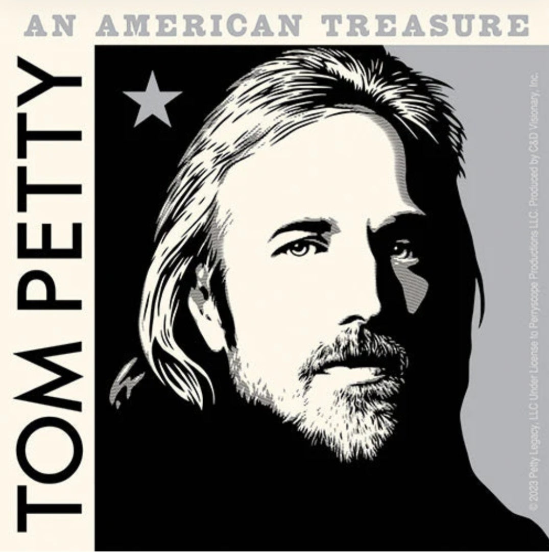 Band sticker with black-and-white portrait of musician and star