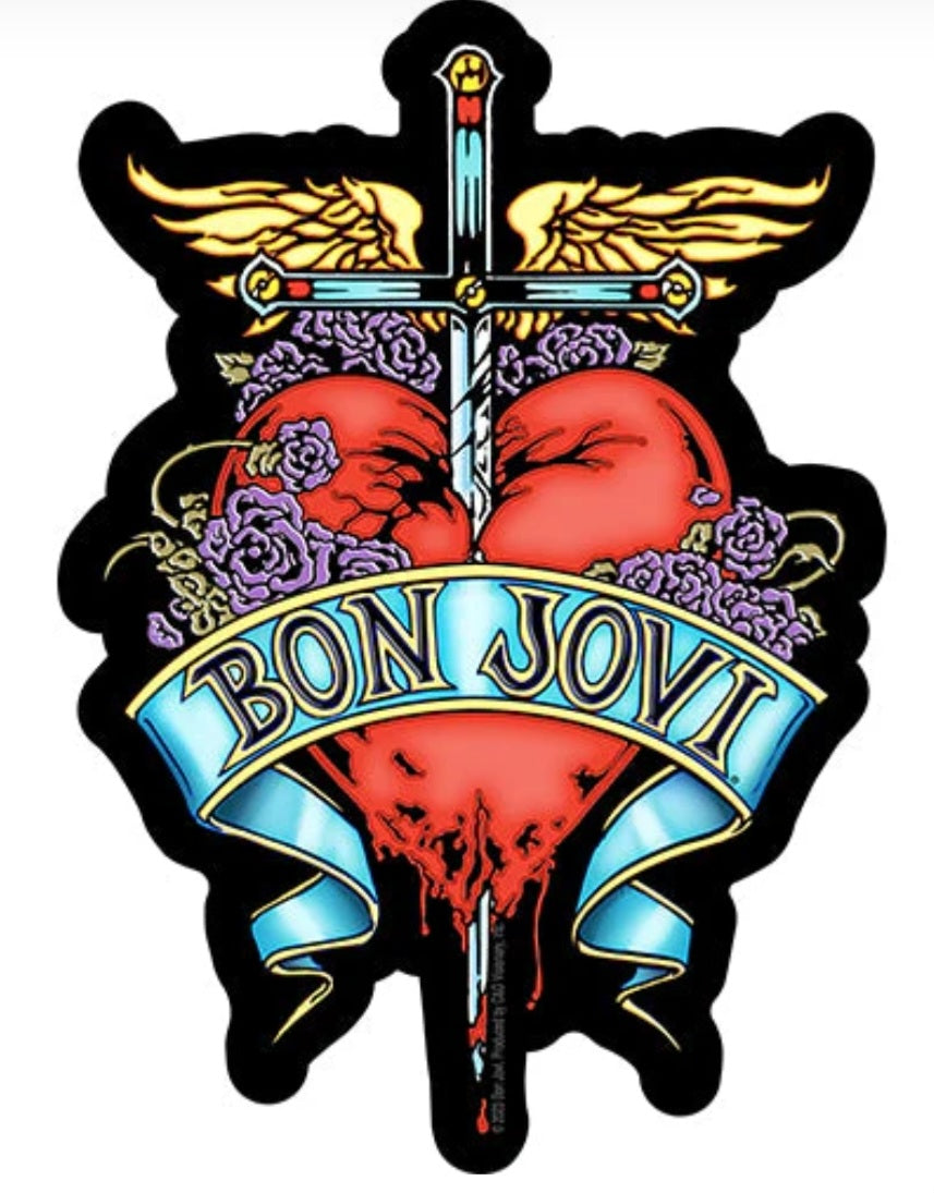 Bon Jovi band sticker with black wings, sword, red figure, purple roses, and blue logo
