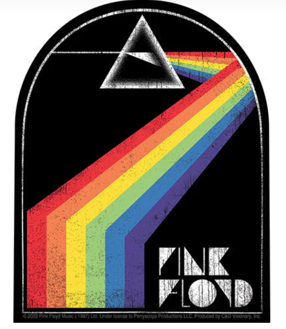Pink Floyd band sticker with dark prism and rainbow stripes, featuring Pink Floyd text