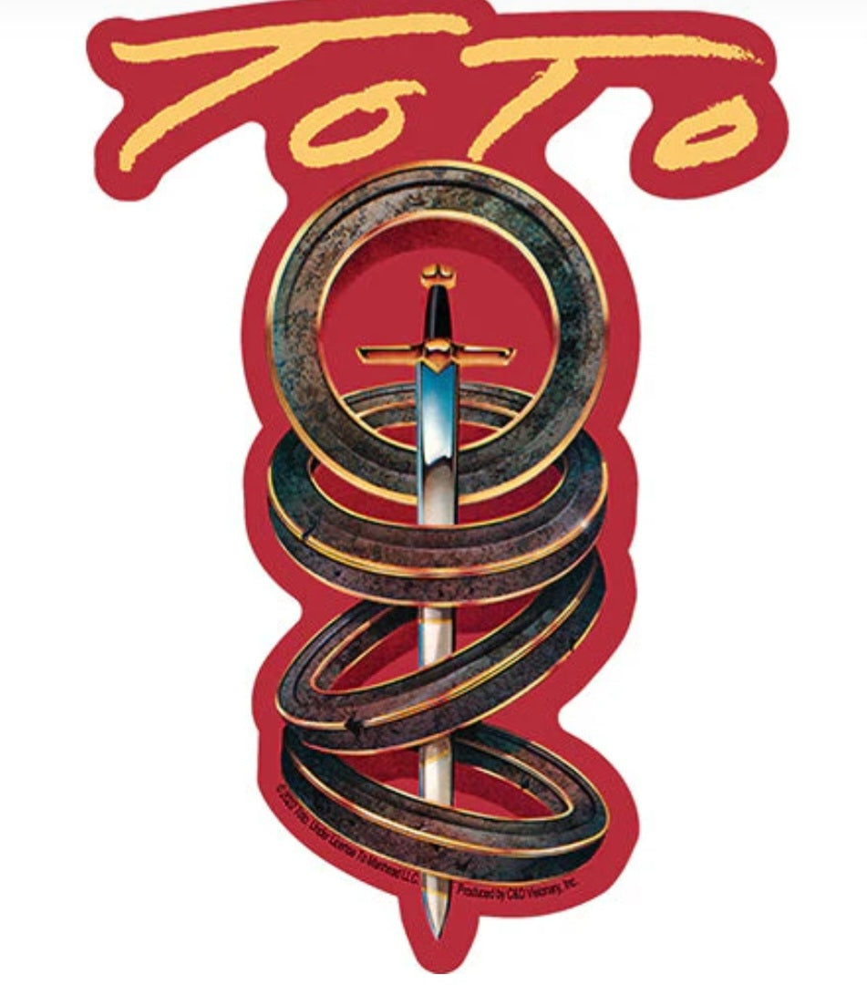 Red band sticker with gold sword and circular emblem
