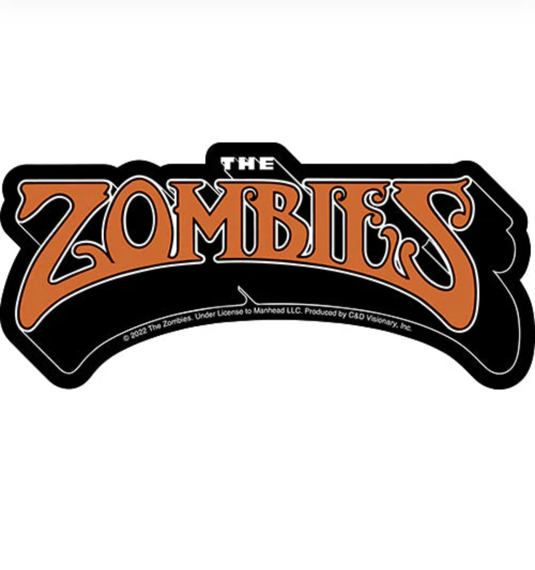 The Zombies band sticker with orange and black logo on black outline