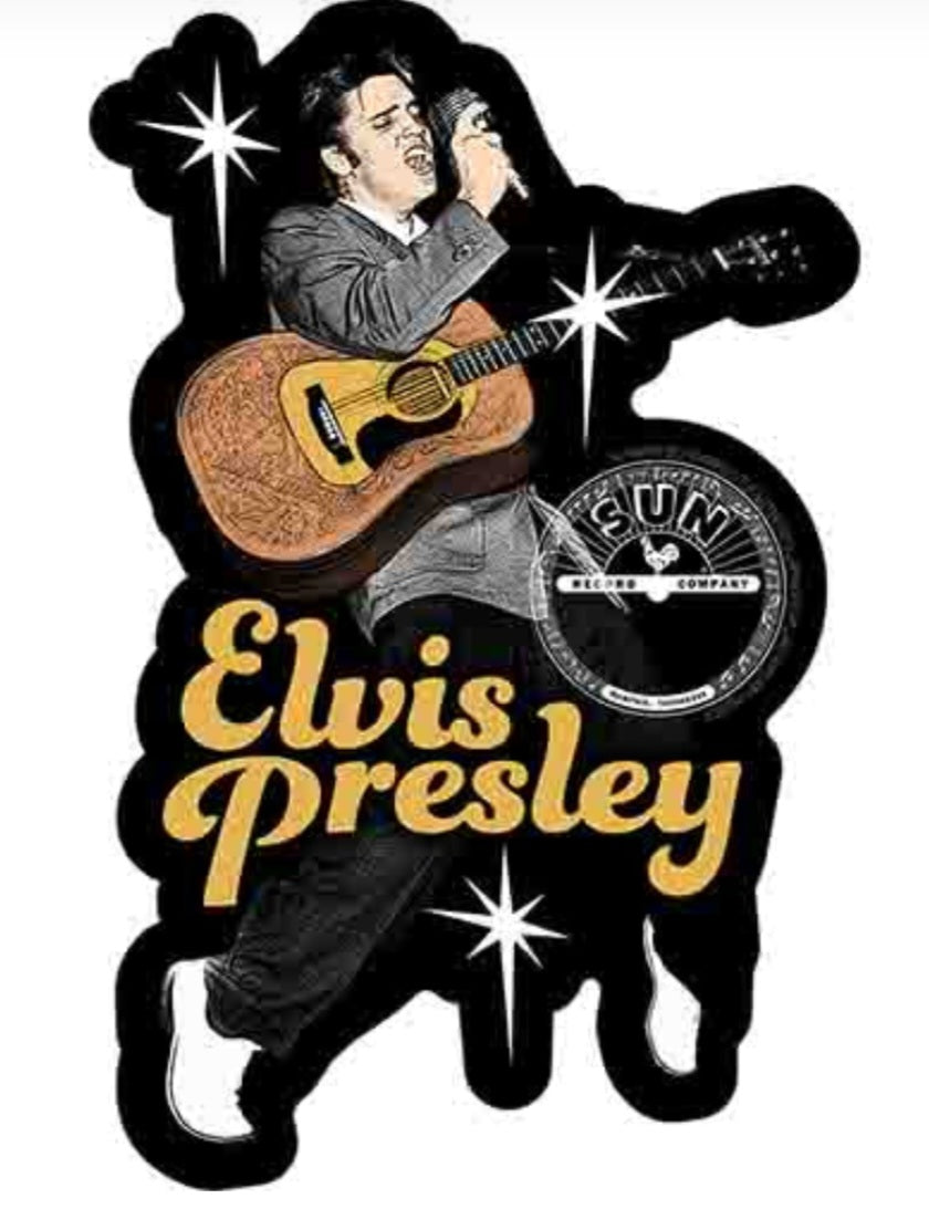 Elvis Presley band sticker with guitarist silhouette, stars, and yellow Elvis Presley text