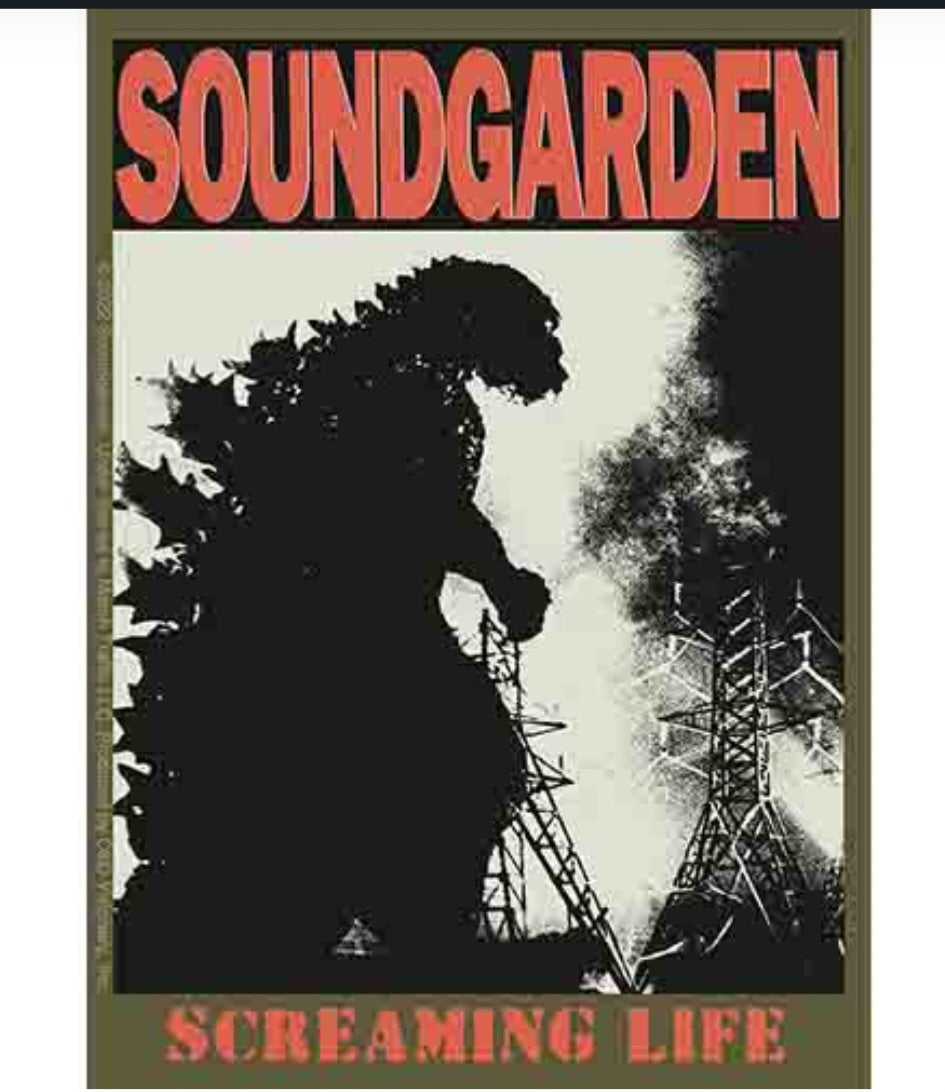 Rectangular band sticker with red SOUNDGARDEN text, black singer silhouette, and SCREAMING LIFE