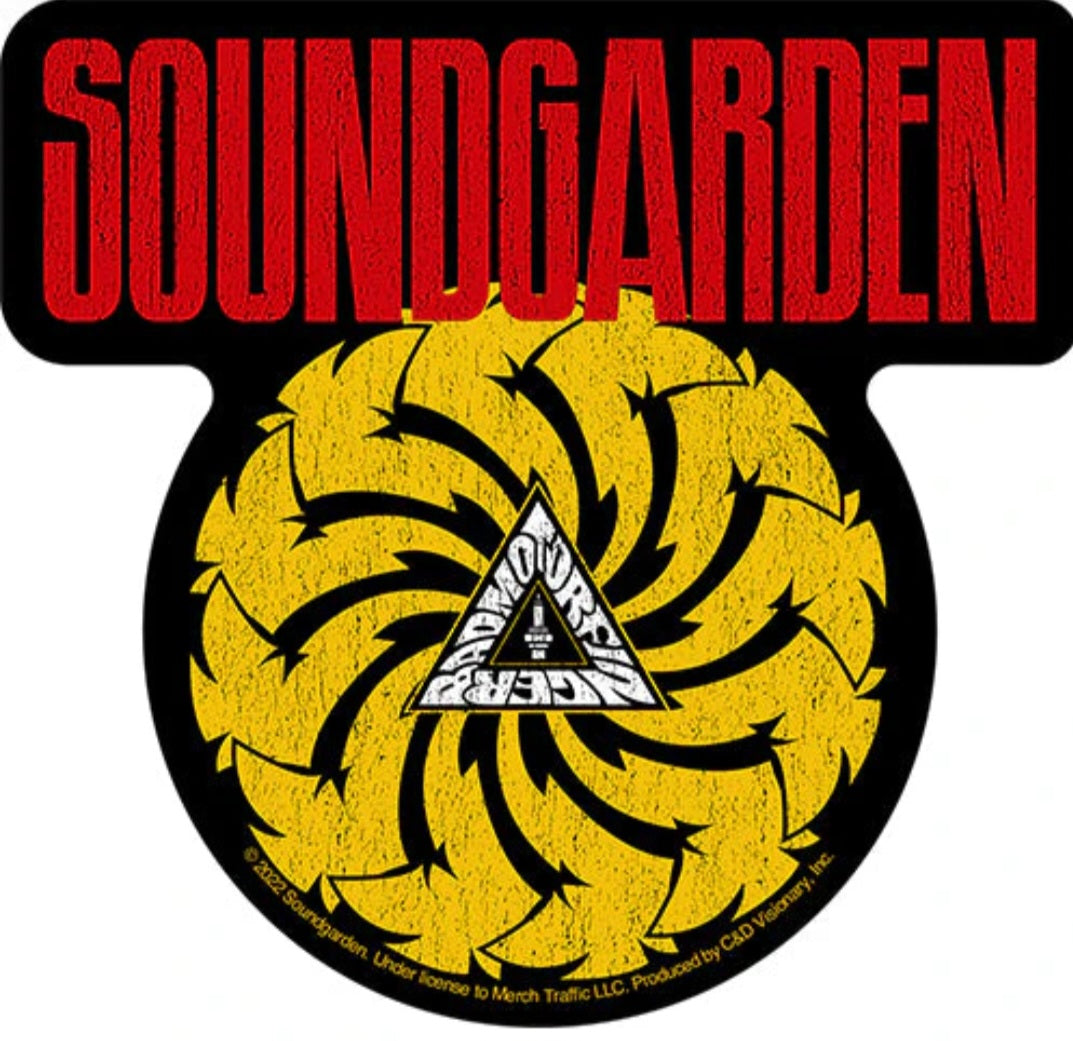 Soundgarden band sticker with red title and yellow emblem in circular logo