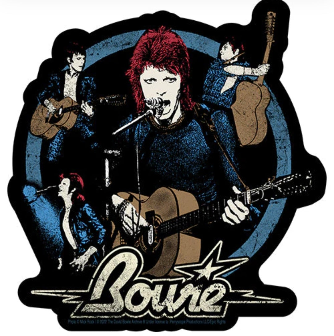 David Bowie band sticker showing stylized singer and guitarists, 'Bowie' text, star