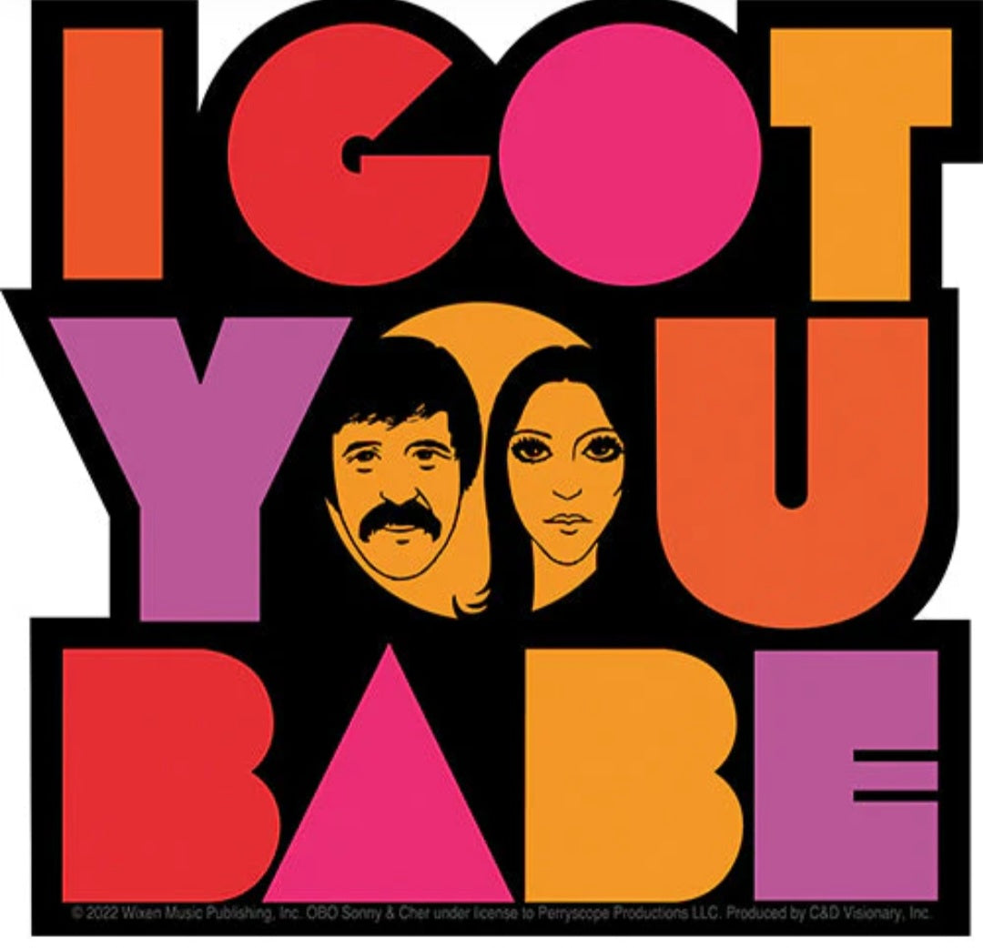 Music band sticker with bold letters, heart shapes, and illustrated Sonny and Cher faces