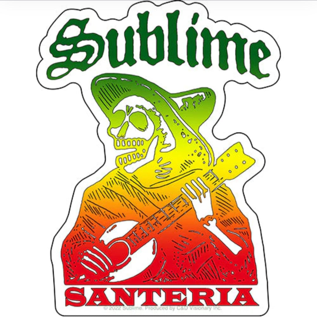 Sublime Santeria sticker with green skull holding guitar, bold word SANTERIA