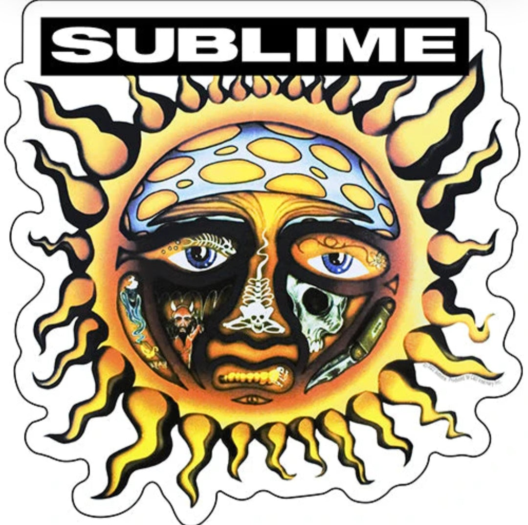Sublime band sticker with flaming skull face and blue eyes