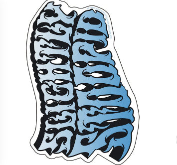 Music band sticker with stylized black and blue face graphic