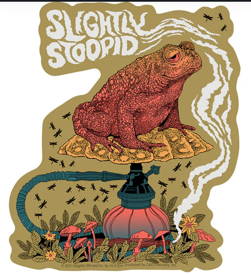 Slightly Stoopid band sticker: tan border with red iguana, guitar, flowers