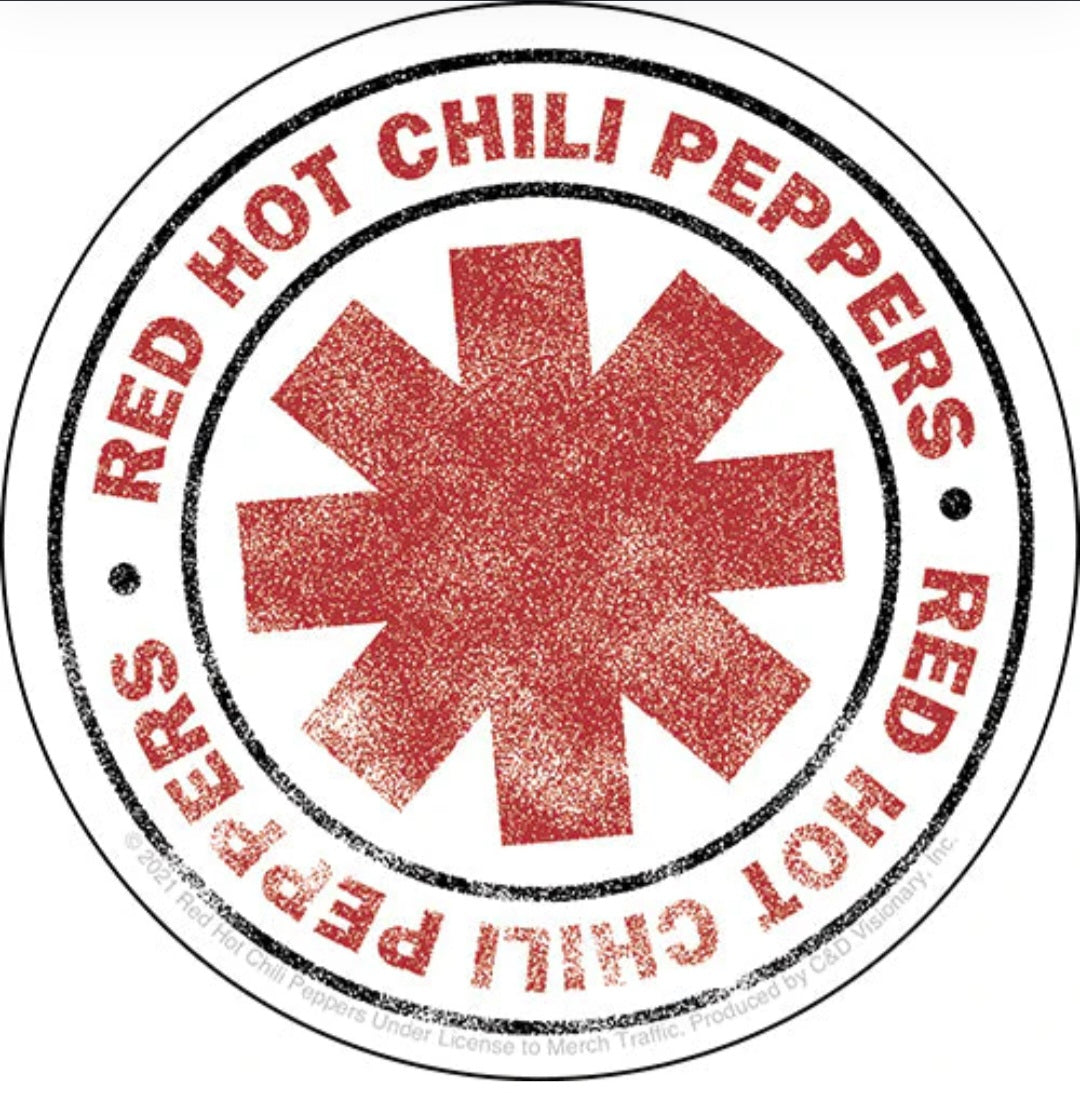 Circular Red Hot Chili Peppers band sticker with red burst center and ring text
