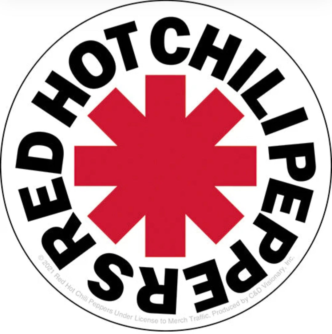 Circular band sticker with red burst icon and black HOT CHILI PEPPERS text