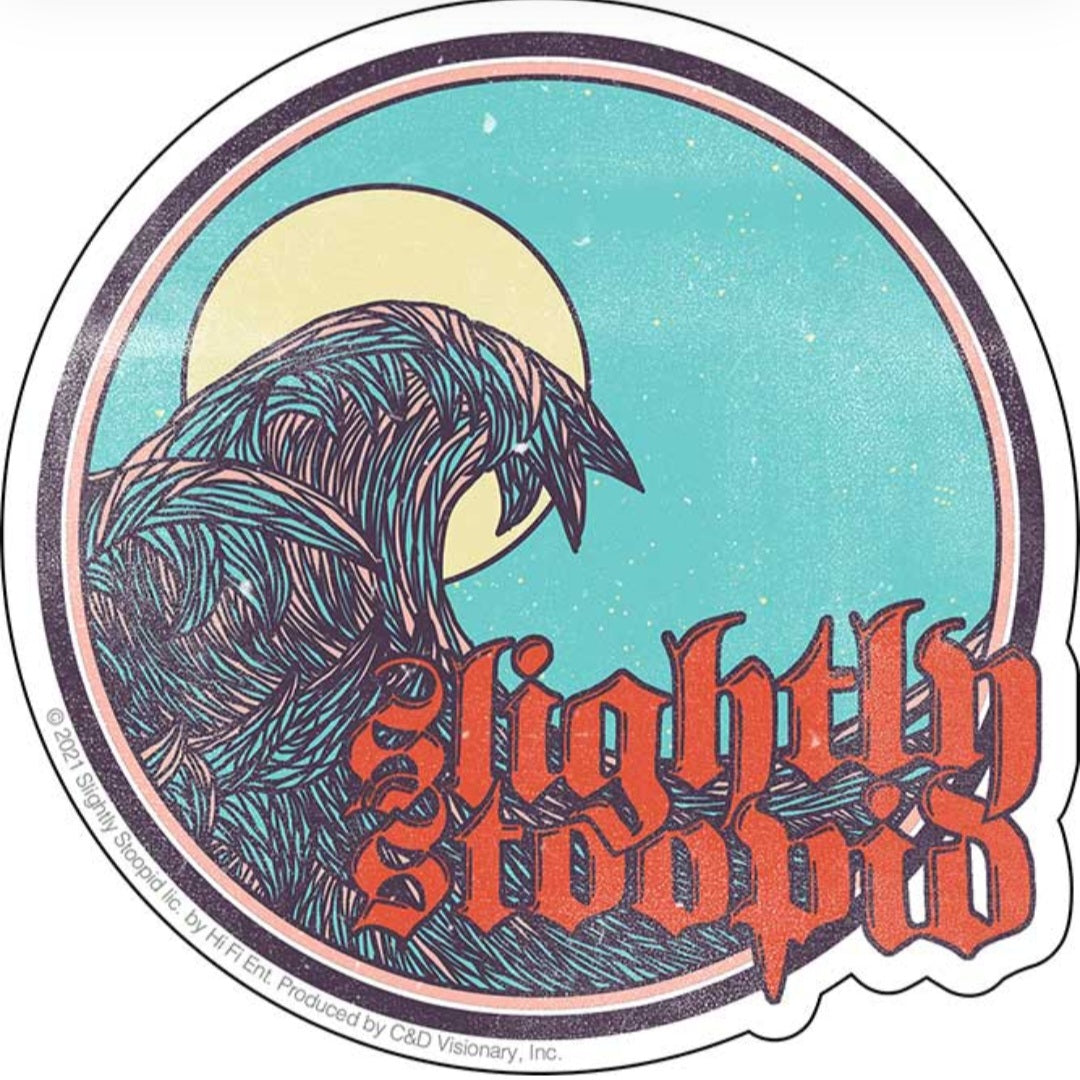 Round band sticker with teal background, stylized raven and red 'Slightly Stoopid' text