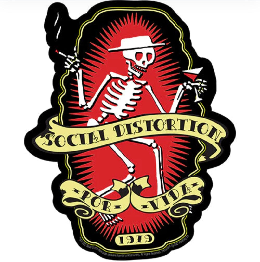 Band sticker with red skeleton guitarist art and SOCIAL DISTORTION ribbon text