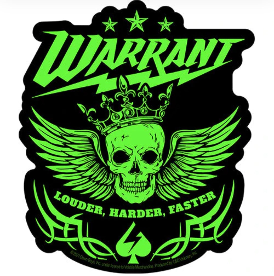 Neon green skull and wings band sticker with star details and slogan text