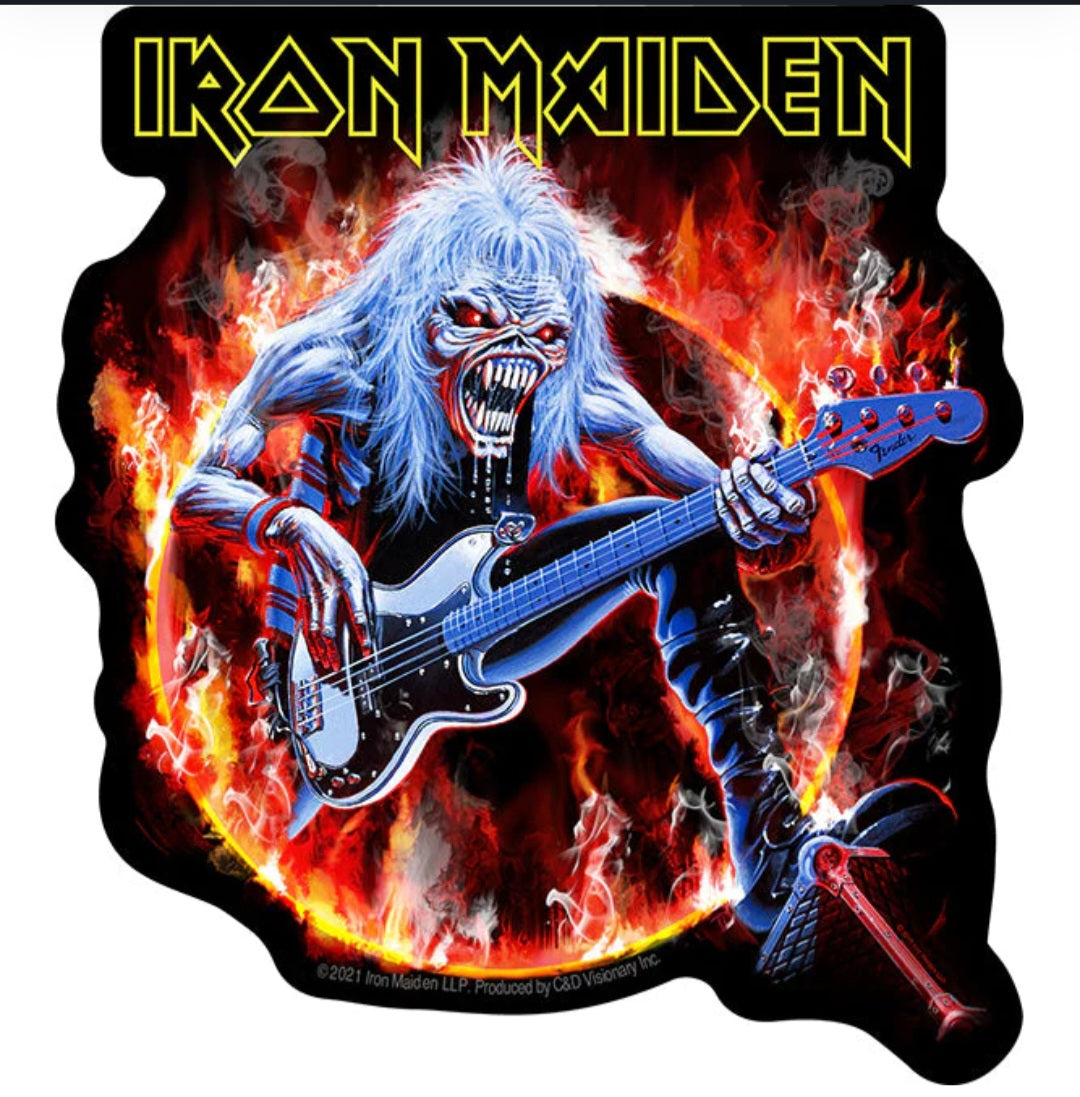 Iron Maiden band sticker with yellow logo, blue-haired skeleton guitarist and flames