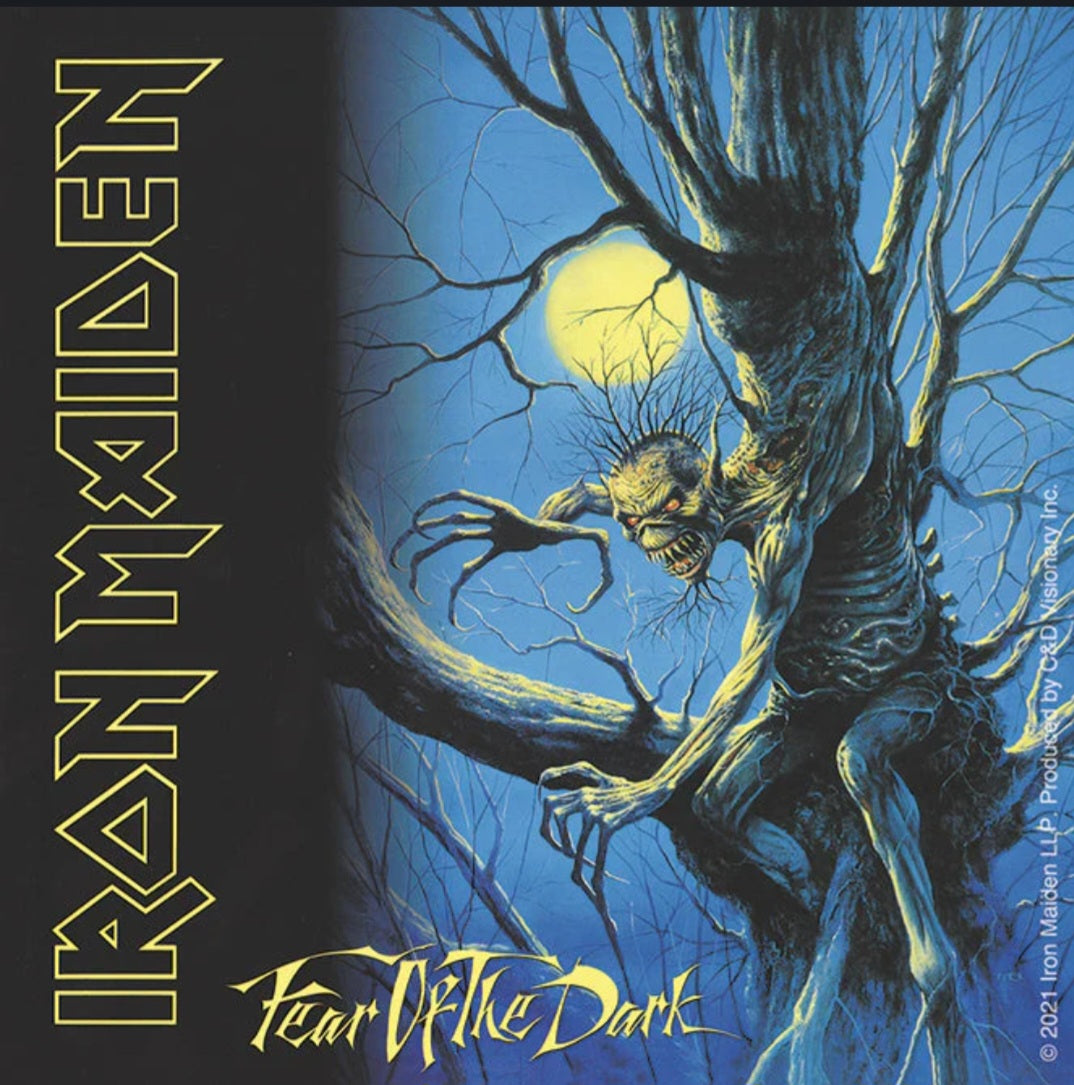 Iron Maiden band sticker, yellow logo text and blue skullbat artwork with “Fear of the Dark”