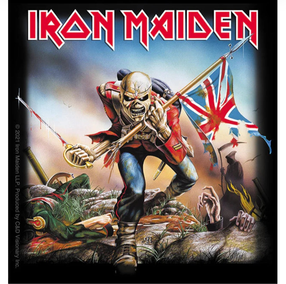 Iron Maiden sticker with red logo text, skull soldier holding Union Jack flag