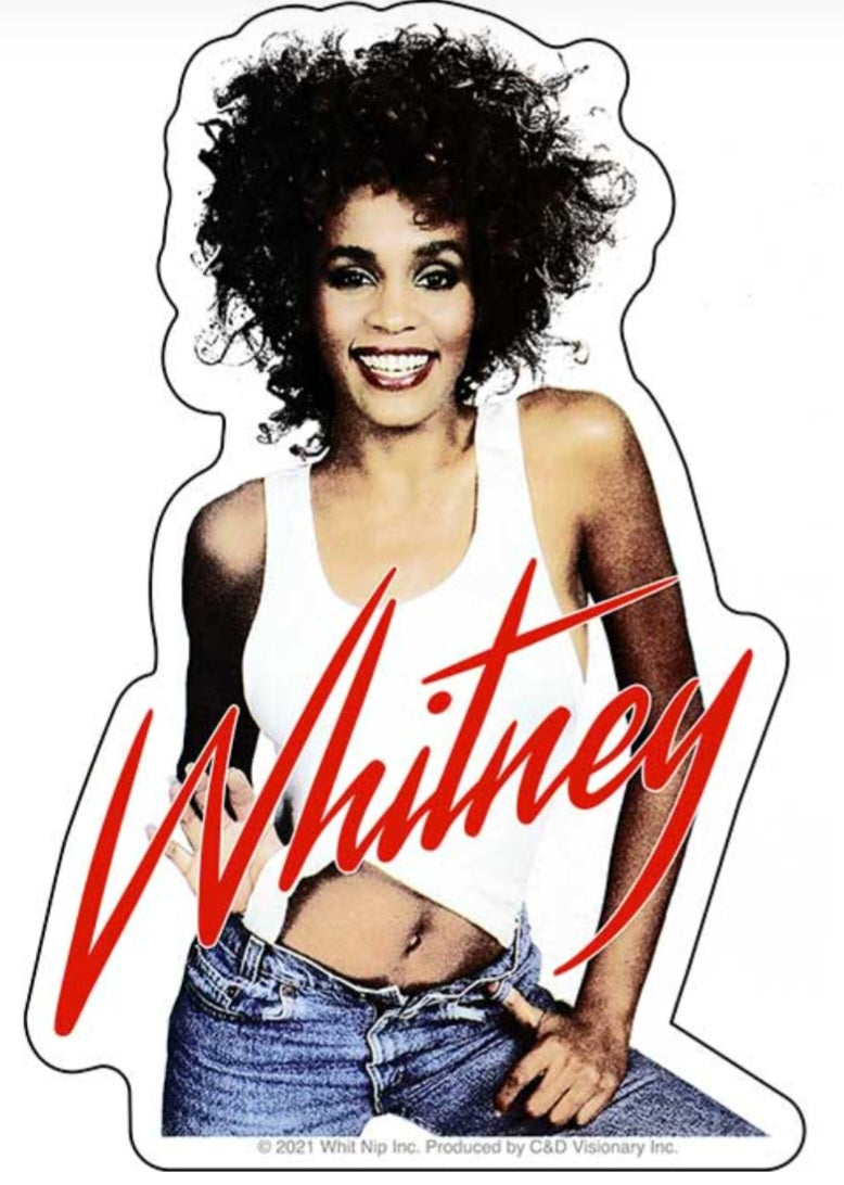 Whitney Houston band sticker with smiling woman and red cursive logo, white outline