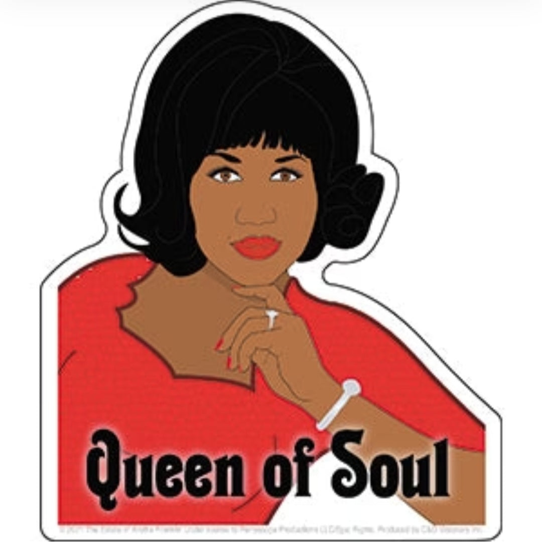 Aretha Franklin Queen of Soul sticker: red shirt portrait with black bob and bold text.