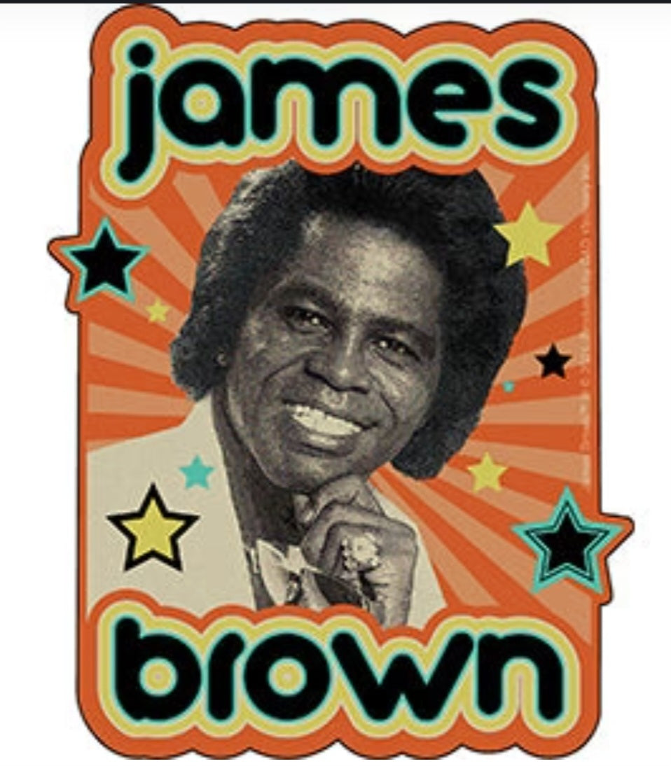 Sticker with James Brown portrait, 'james brown' text, and stars.