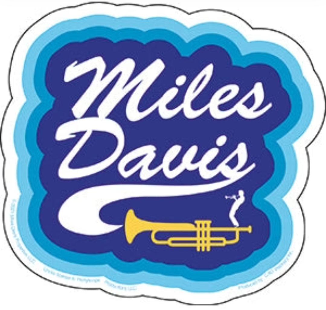 Miles Davis band sticker with cloud border, 'Miles Davis' script, trumpet
