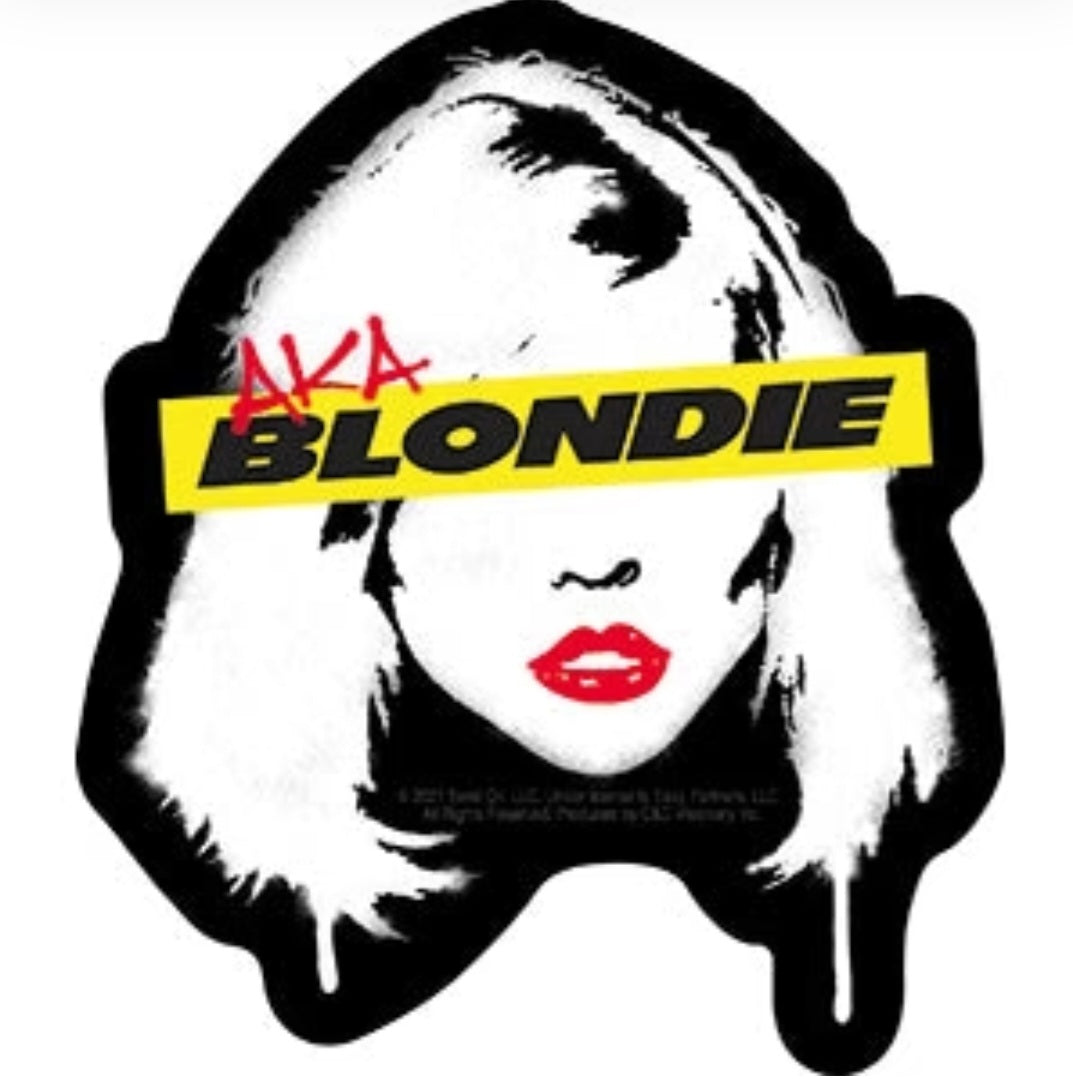 Music band sticker with blonde face, black hair, yellow 'Blondie' banner and red lips