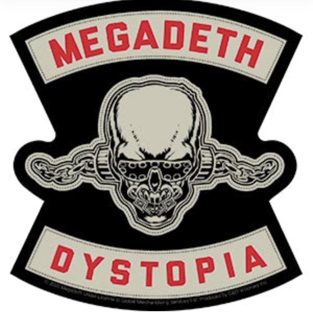 Black band sticker with red Megadeth text, Dystopia lettering, and skull graphic