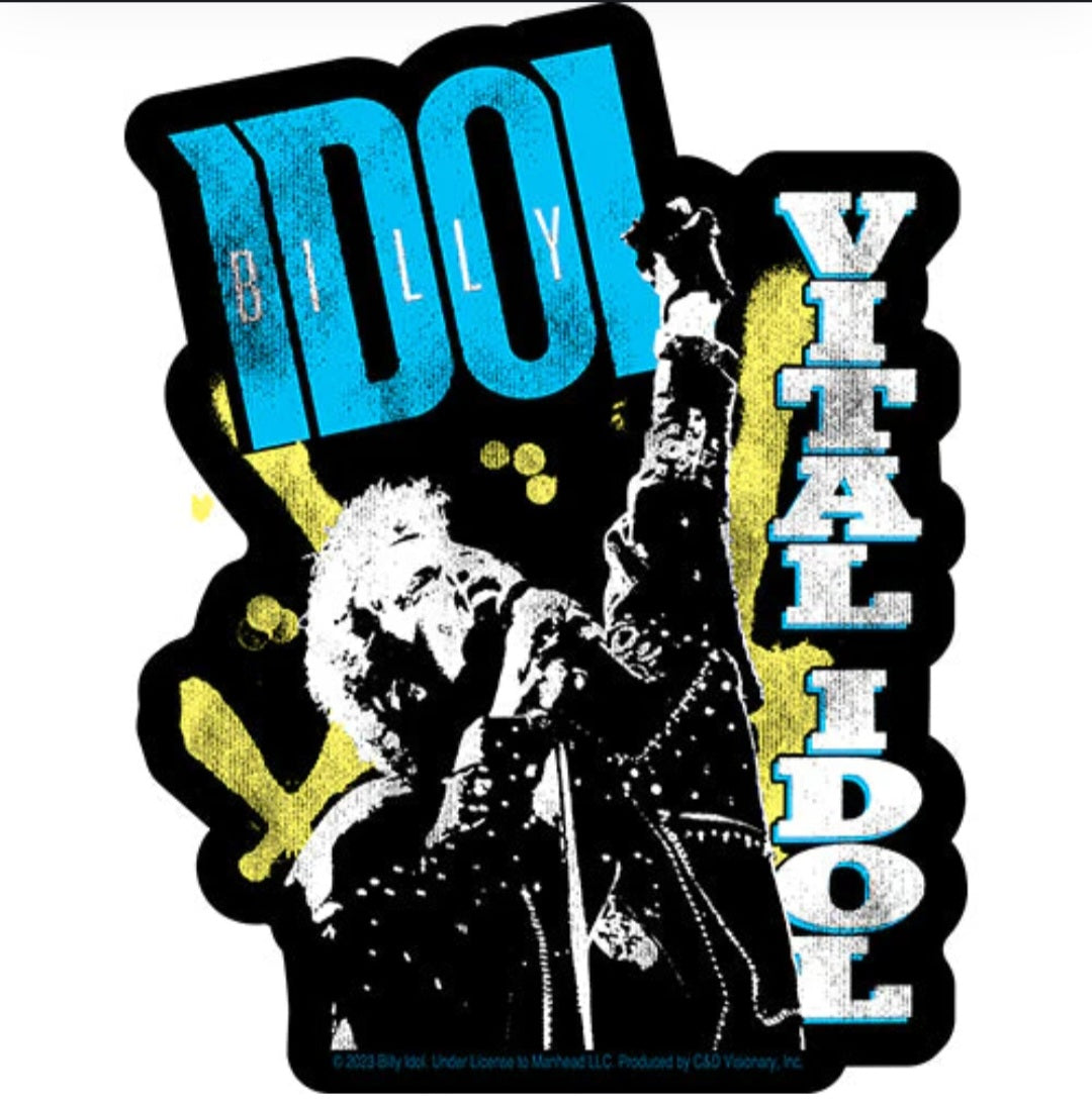 Billy Idol band sticker with blue and yellow lettering on black, rock silhouette