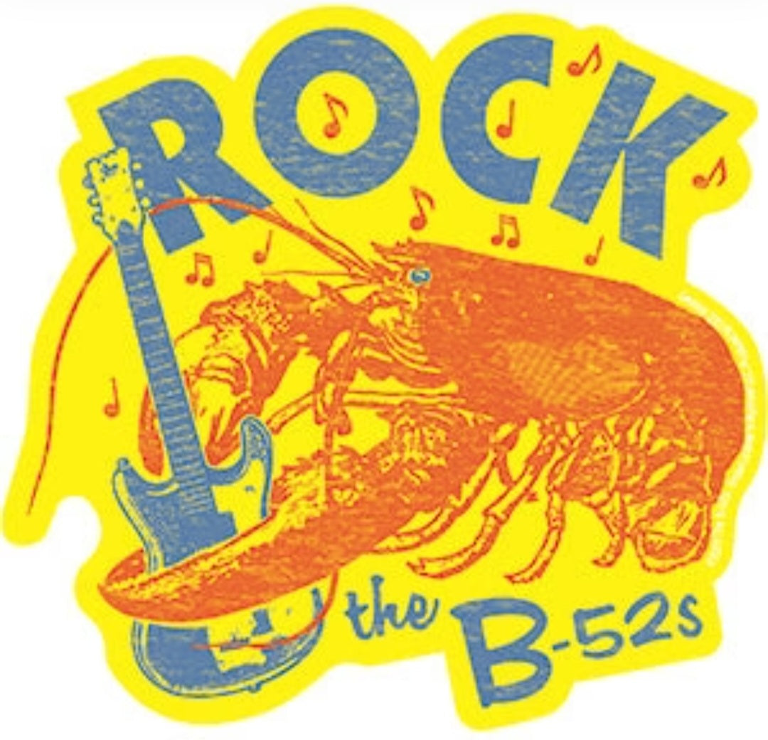 Band sticker with 'ROCK' and 'B-52s' text, orange animal graphic
