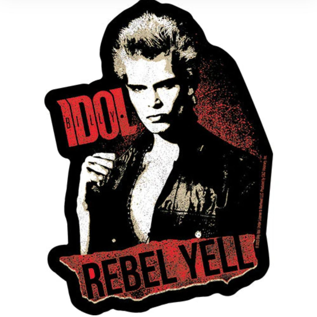 Billy Idol band sticker with black-and-white singer and red 'REBEL YELL' text