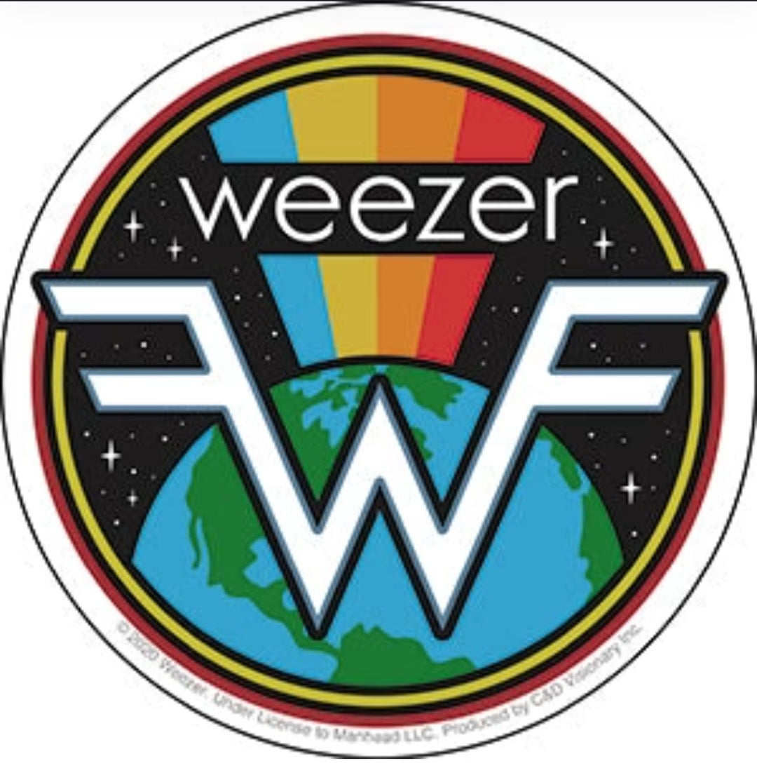 Weezer band sticker, circular design with large 'W' logo and rainbow stripes