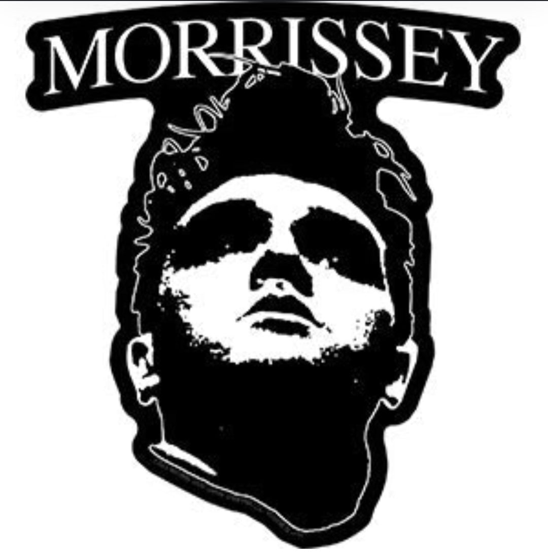 Morrissey band sticker with black-and-white portrait and 'MORRISSEY' text