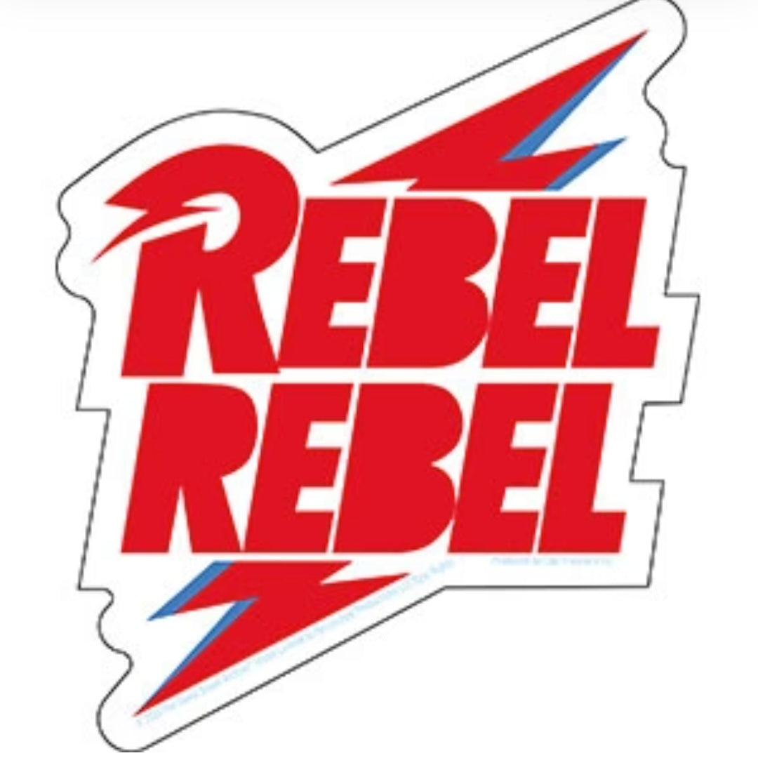 Rebel Rebel band sticker with red profile outline, blue and red lightning, bold text.
