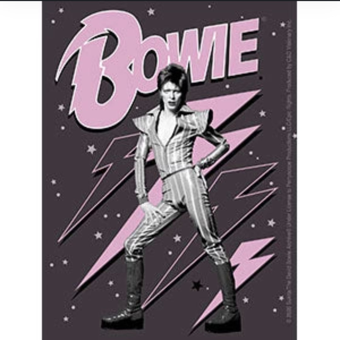 David Bowie band sticker with Bowie in light suit and pink 'BOWIE' lettering