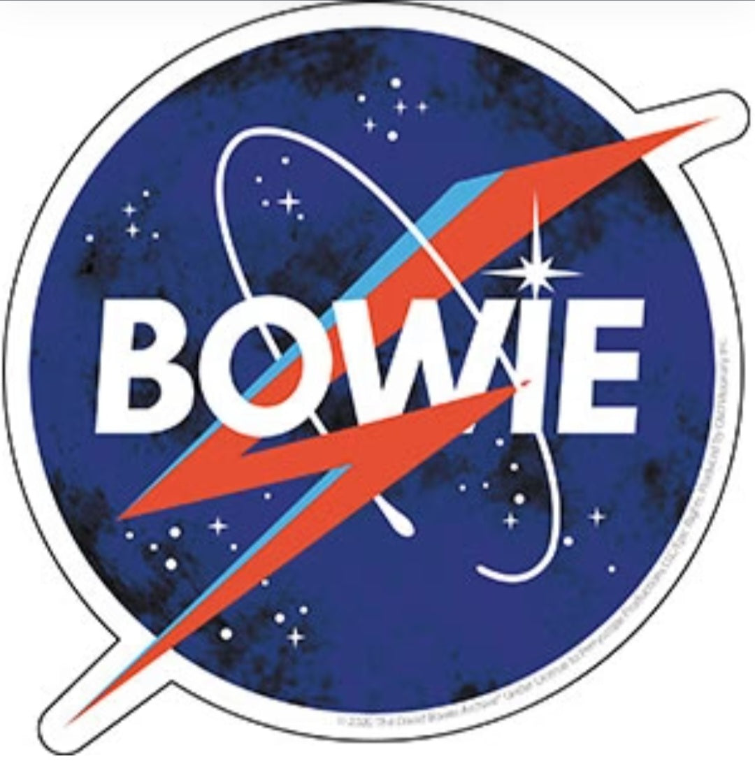 Round sticker with blue starry background and white 'BOWIE' text with orange lightning stripe