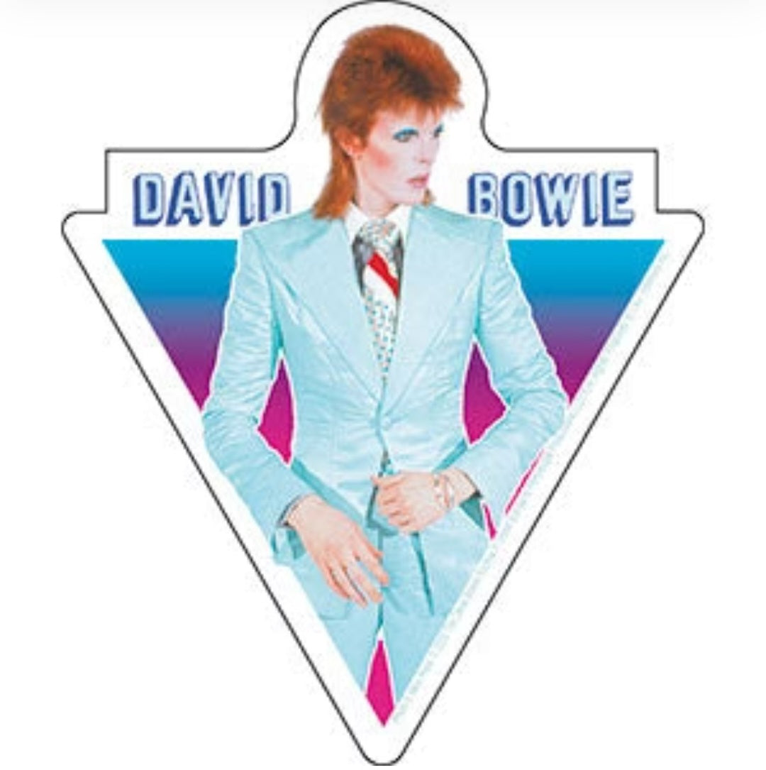 Triangular David Bowie band sticker with orange-haired singer in light blue suit